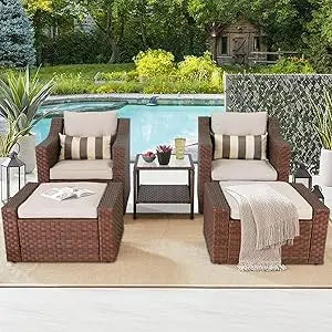 5 Piece Patio Conversation Set Outdoor Wicker With Ottoman Footrest