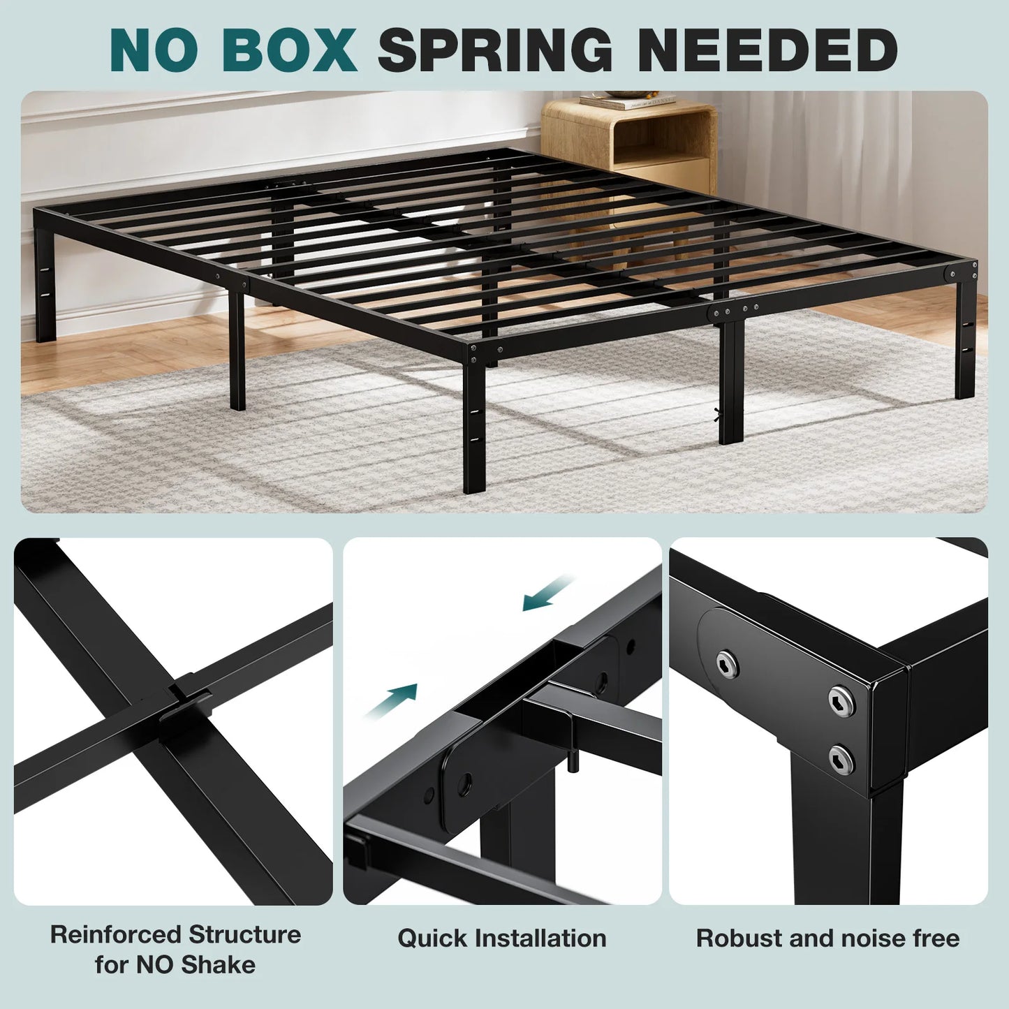 JHK Basic Metal Platform Bed Frame With Storage Slat Support