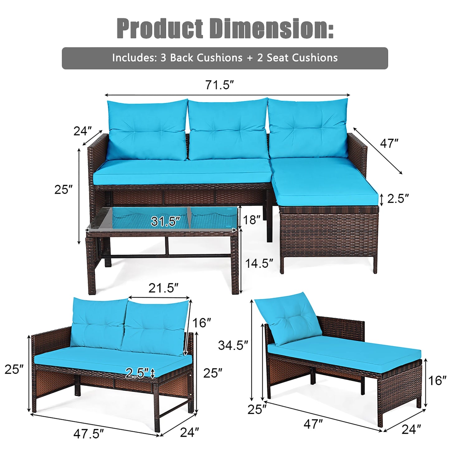 Homasis 3 Piece Patio Wicker Sofa Set Outdoor Sectional