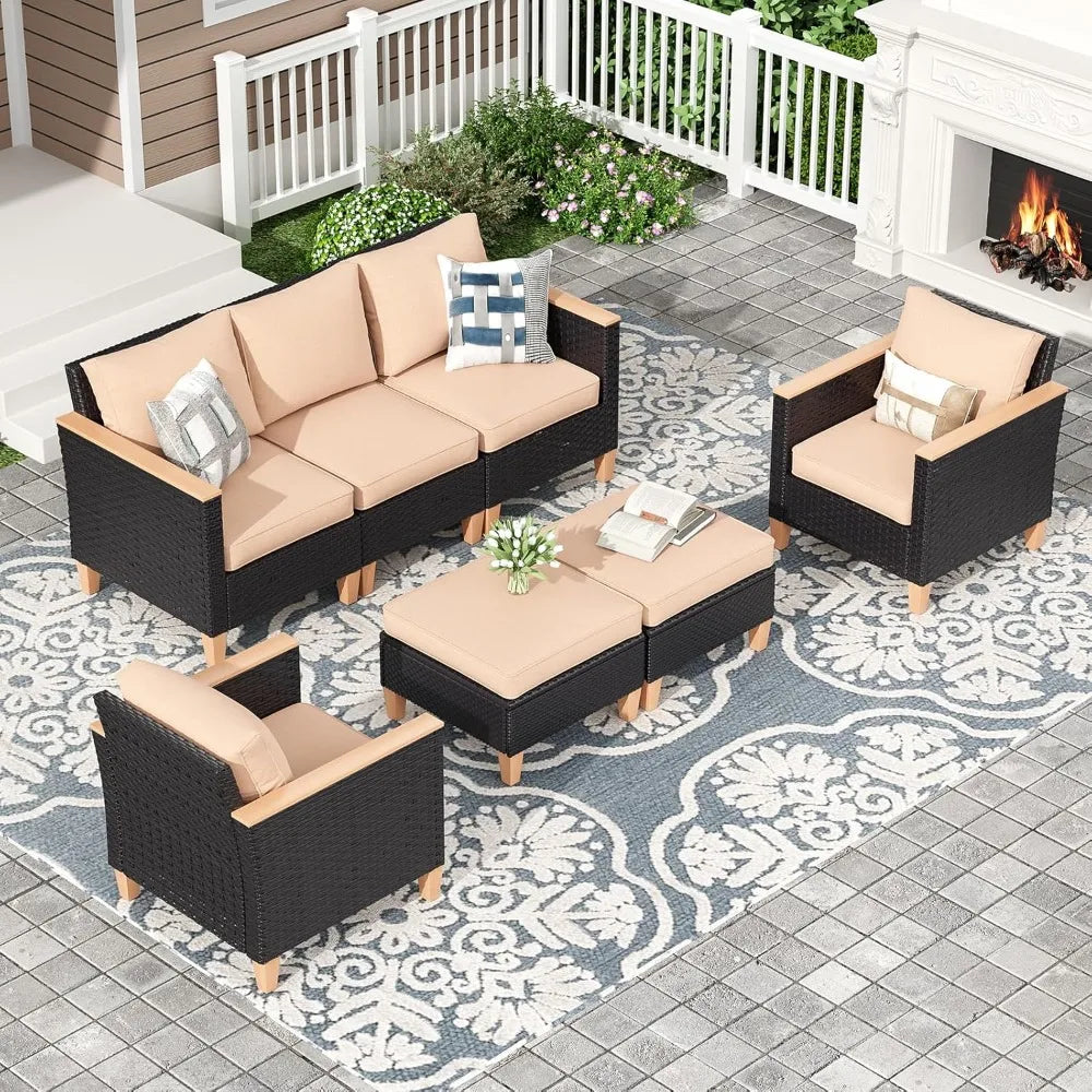 ZHUXIANG OutdoorLiving 7 Piece Patio Conversation Set Cushions Weatherproofing Wicker