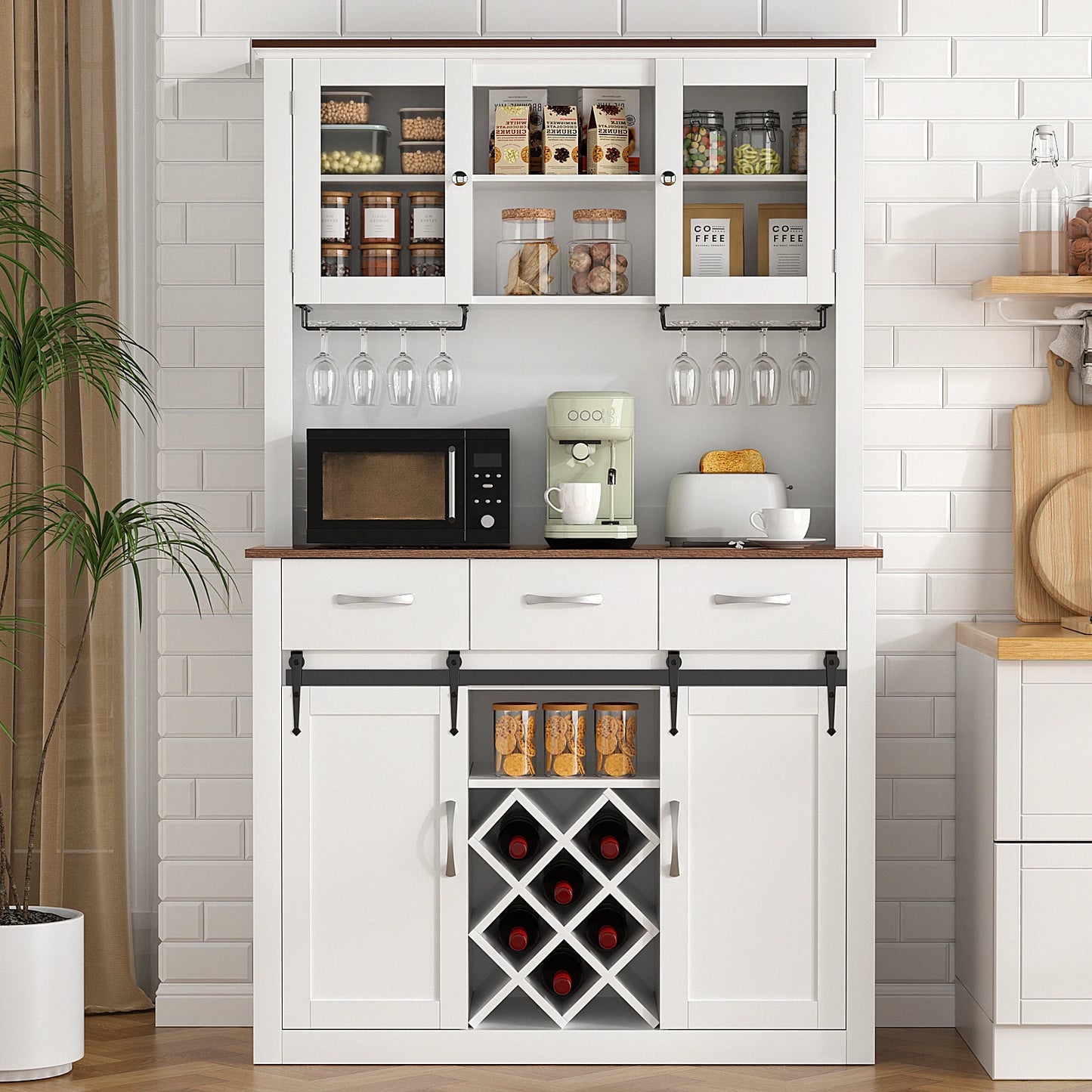 VOWNER PremiumPlus Farmhouse Bar Cabinet With Sliding Barn Doors WineAndGlassRacks