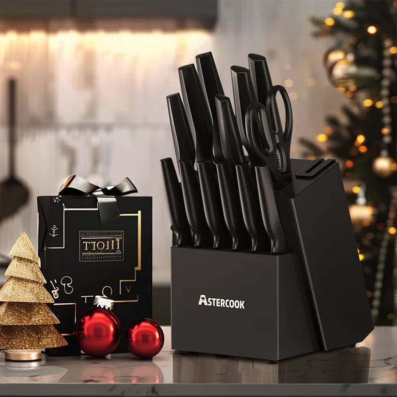 Astercook 15 Piece Kitchen Knife Set With Built In Sharpener Block German Stainless Steel Dishwasher Safe