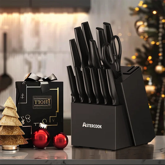 Astercook 15 Piece Kitchen Knife Set With Built In Sharpener Block German Stainless Steel Dishwasher Safe