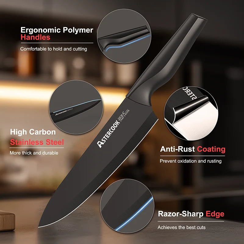 Astercook 15 Piece Kitchen Knife Set With Built In Sharpener Block German Stainless Steel Dishwasher Safe