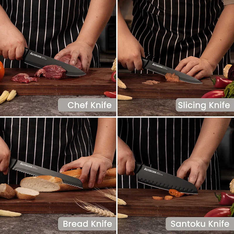 Astercook 15 Piece Kitchen Knife Set With Built In Sharpener Block German Stainless Steel Dishwasher Safe