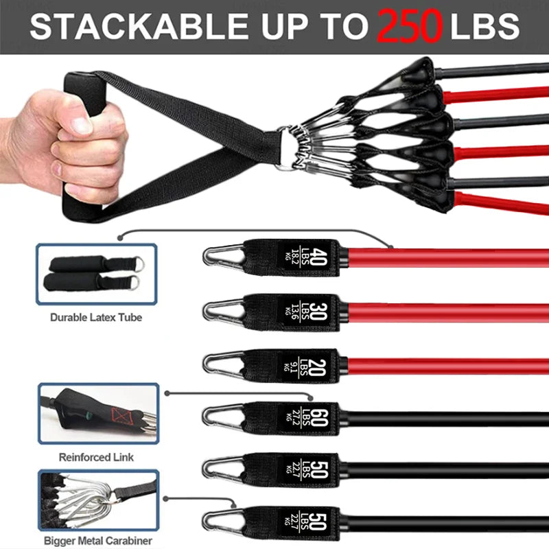 Resistance Bands Set 250lbs With Door Anchor Handles Ankle Straps Carry Bag