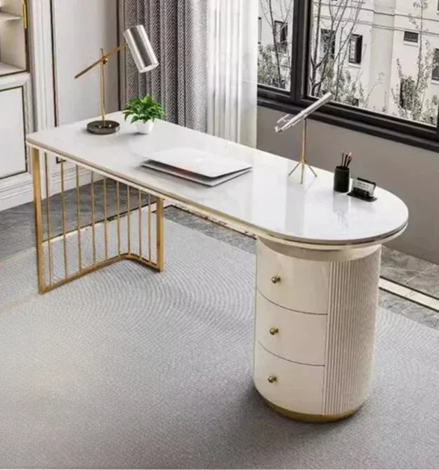 Executive Ergonomic Laminated Solidwood Computer Desk Featuring Gilded Metal Legs