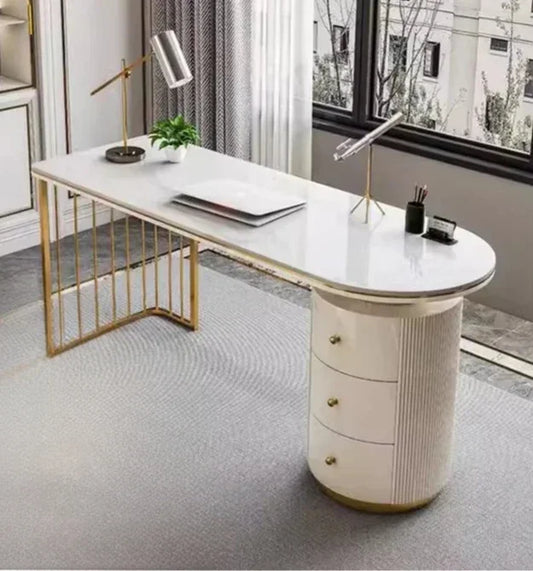 Executive Ergonomic Laminated Solidwood Computer Desk Featuring Gilded Metal Legs