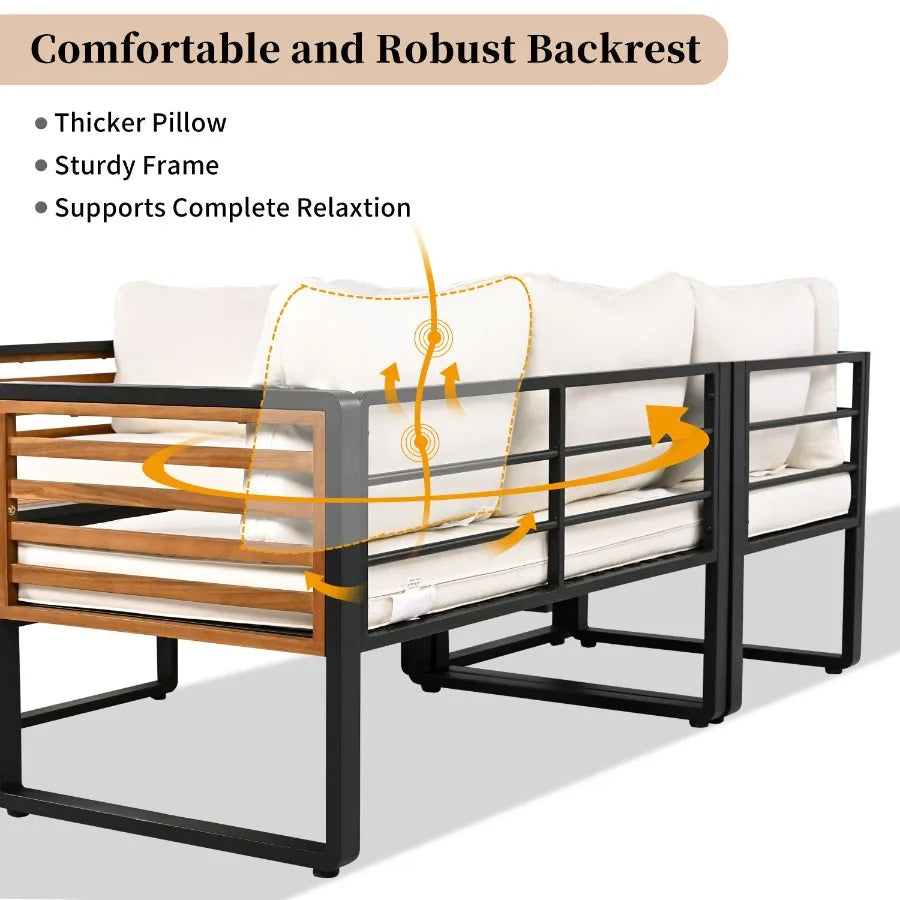 Hign-concerned 4 Piece Outdoor Patio Conversation Set With Metal And Wood Frame L Shaped Sofa And Coffee Table