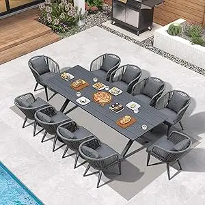 DAFIFY 11 Piece OutdoorDining Set Wicker AluminumFrame TeakFinish TableAndChairs
