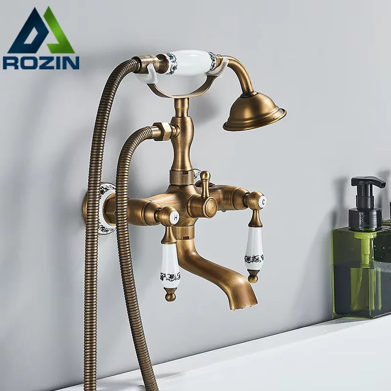 Rozin Dual Handle Wall Mount Bathtub Shower Faucet HandshowerAttachment SwivelSpoutKit