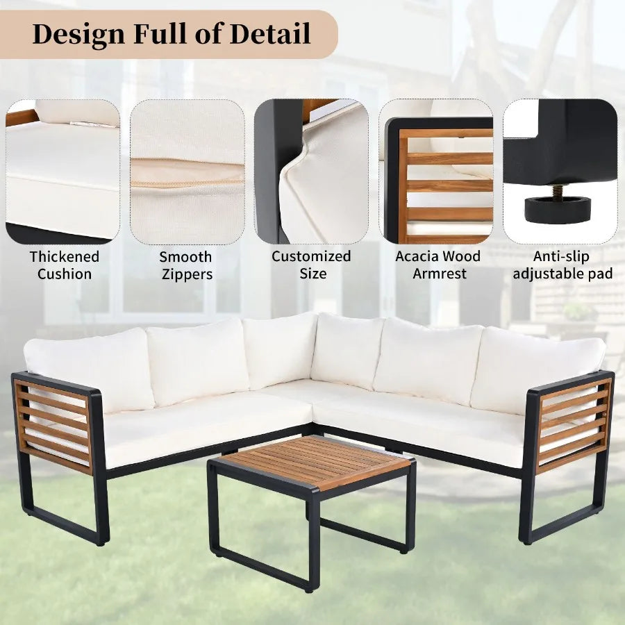 Hign-concerned 4 Piece Outdoor Patio Conversation Set With Metal And Wood Frame L Shaped Sofa And Coffee Table