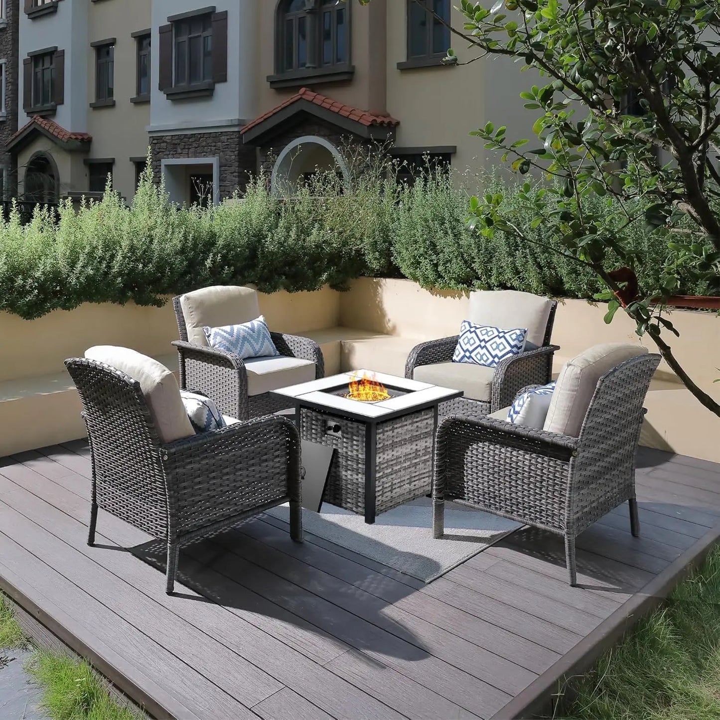 Folded Outdoor Fire Pit Patio Set With Weatherproof Rattan ErgonomicChairsWithPaddedCushions