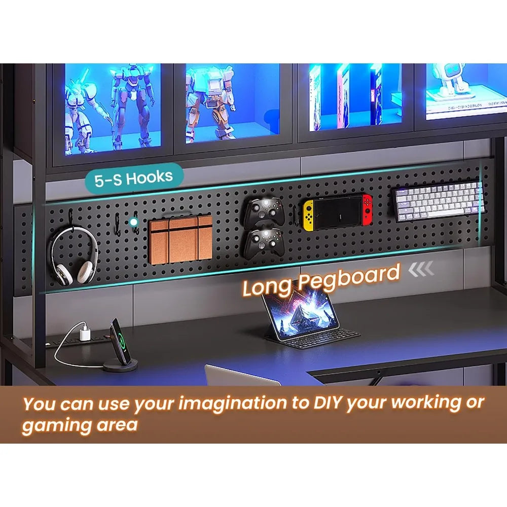 L Shaped Gaming Desk With Drawers Hutch Storage Shelves LedIlluminationSystemPro