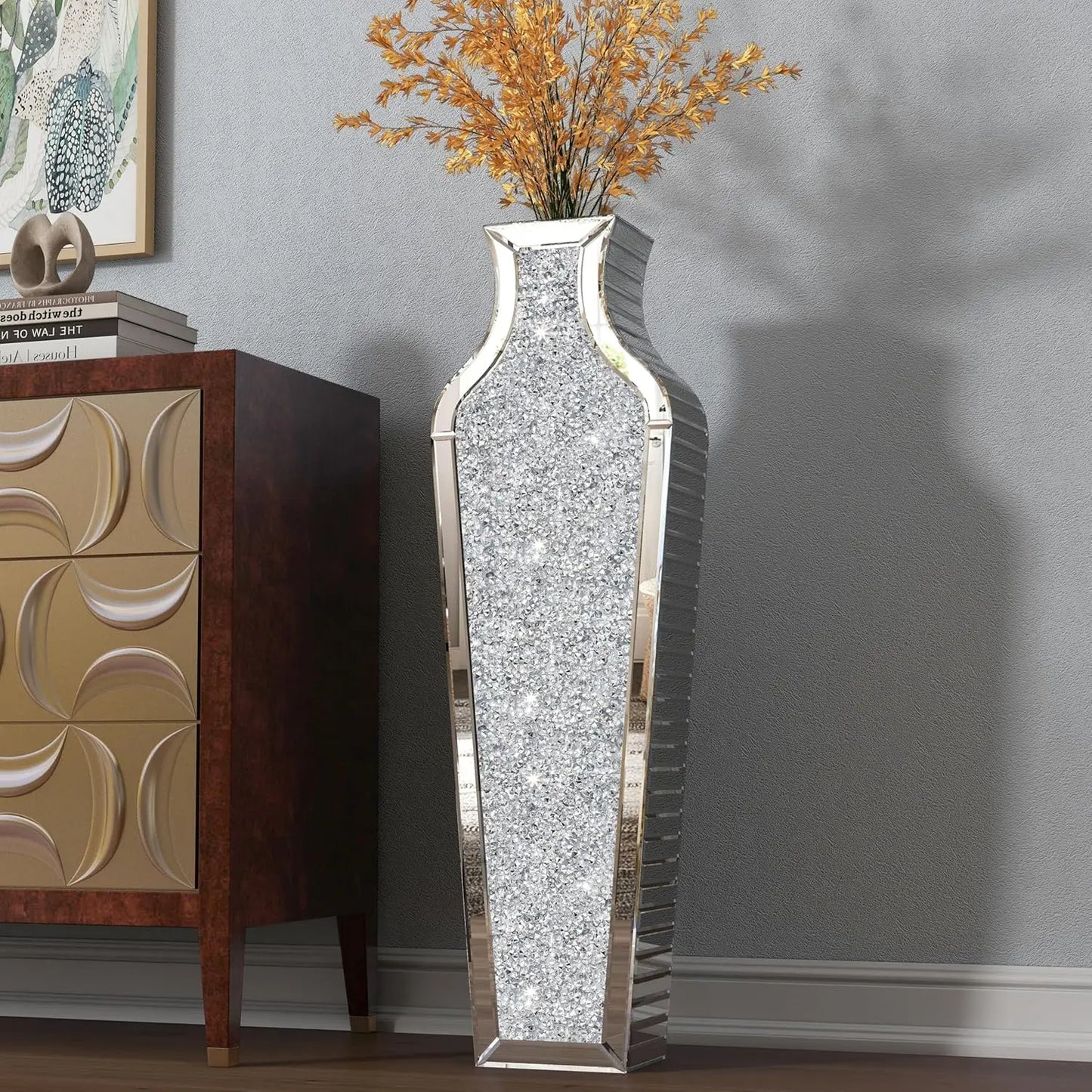 Function CrushedDiamondMirroredExtravagant FloorVase Glass PampasGrass Decor Presentation