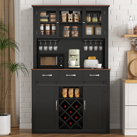 VOWNER PremiumPlus Farmhouse Bar Cabinet With Sliding Barn Doors WineAndGlassRacks