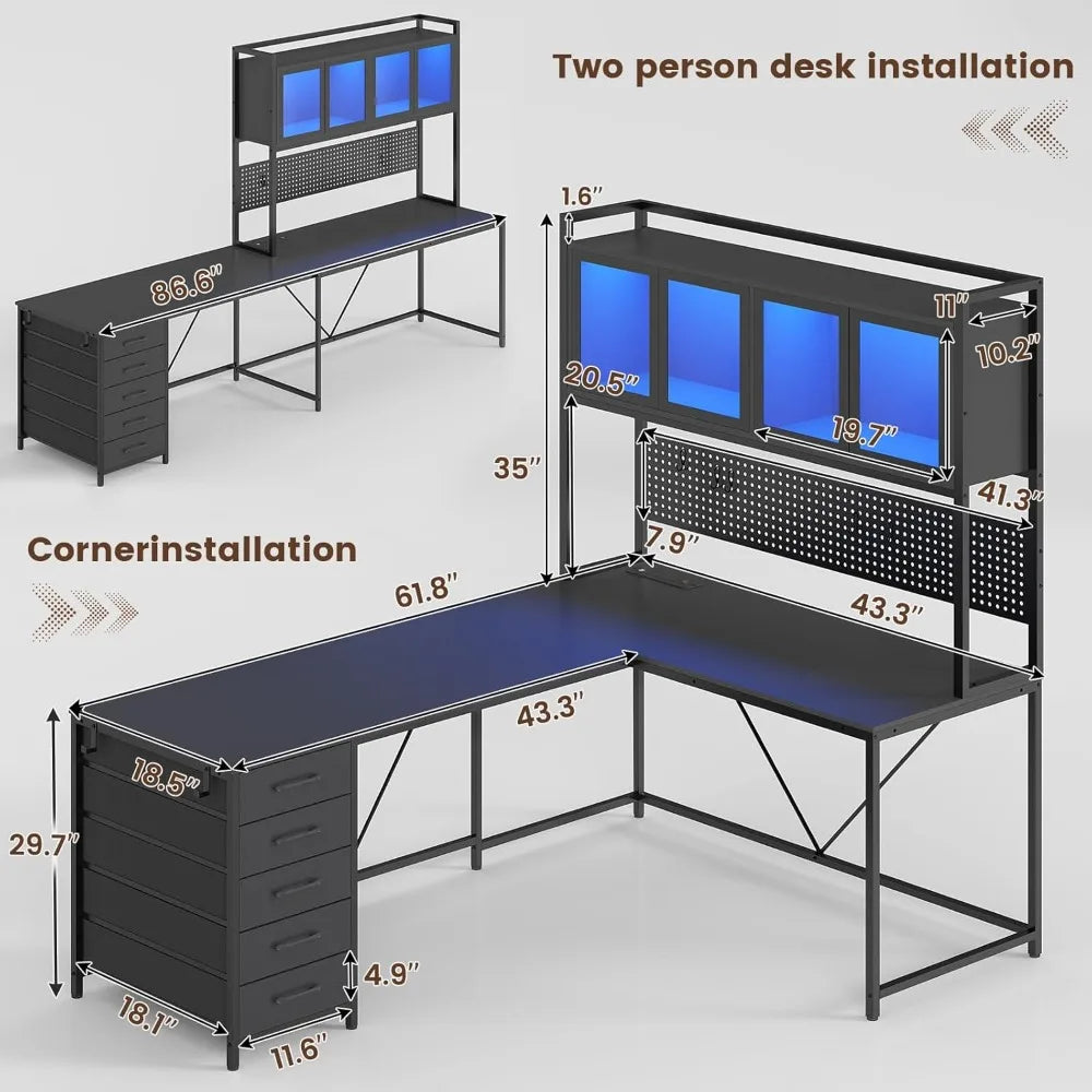 L Shaped Gaming Desk With Drawers Hutch Storage Shelves LedIlluminationSystemPro