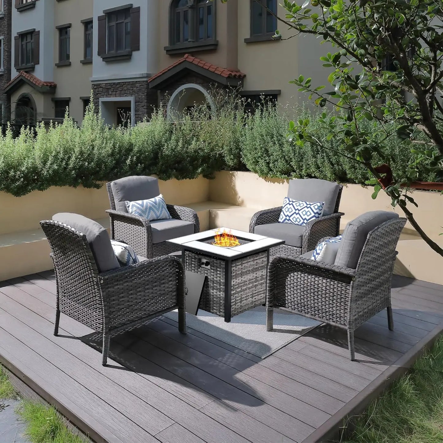 Folded Outdoor Fire Pit Patio Set With Weatherproof Rattan ErgonomicChairsWithPaddedCushions