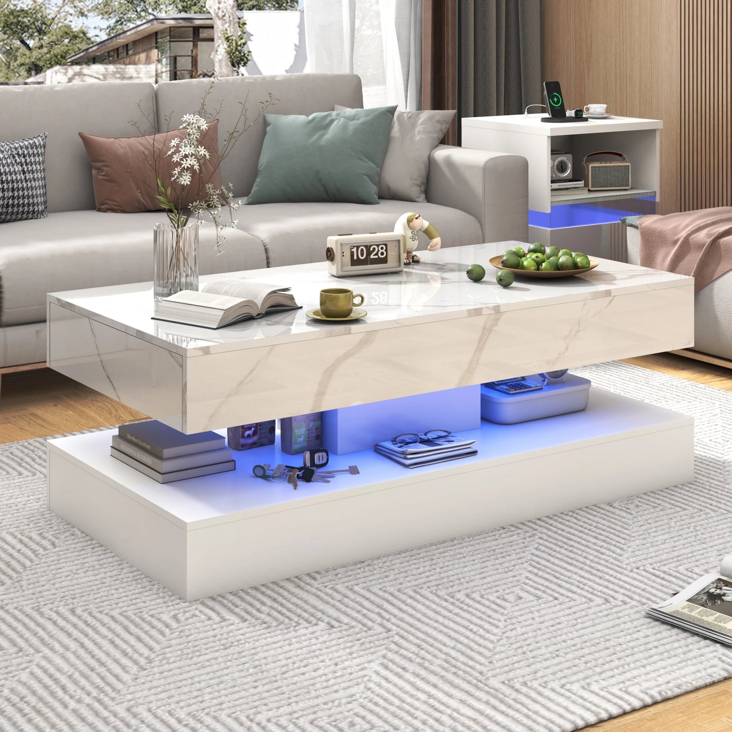 QiaoShiRen PremiumElite Multifunctional LED Coffee Table With Double Layer Drawers