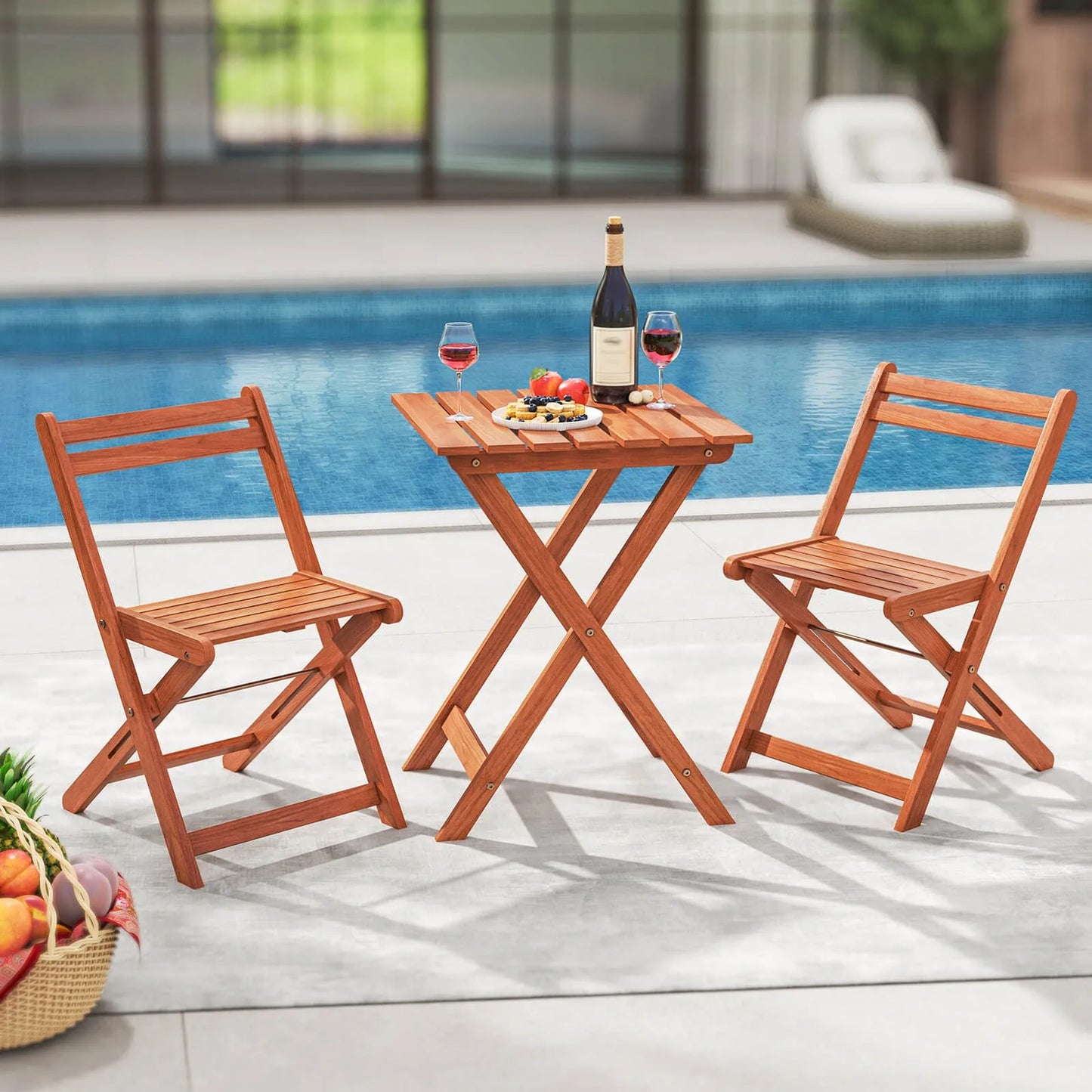 Outdoor Wood Bistro Set With Folding Chairs And Table