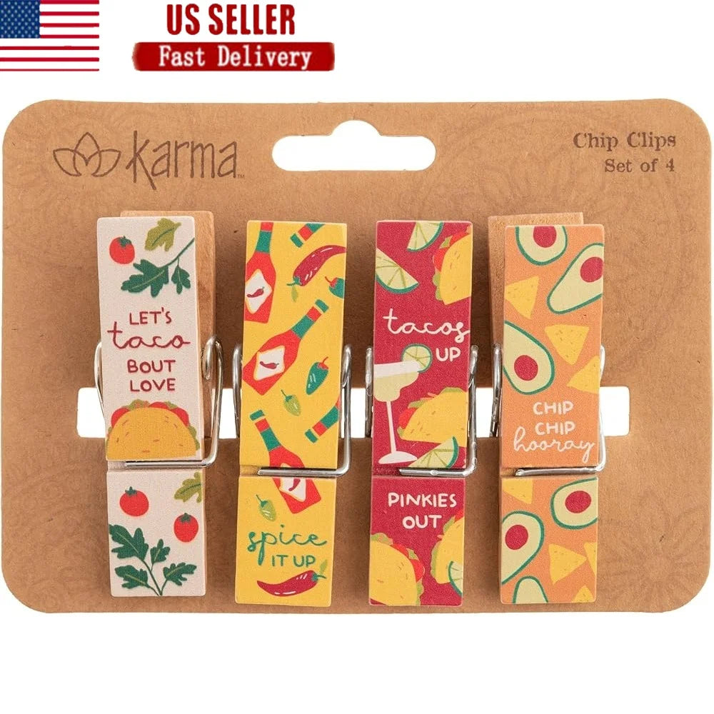 XMSJ Multi Purpose Chip Bag Clips Set of Four Durable Wooden Design for Kitchen Storage