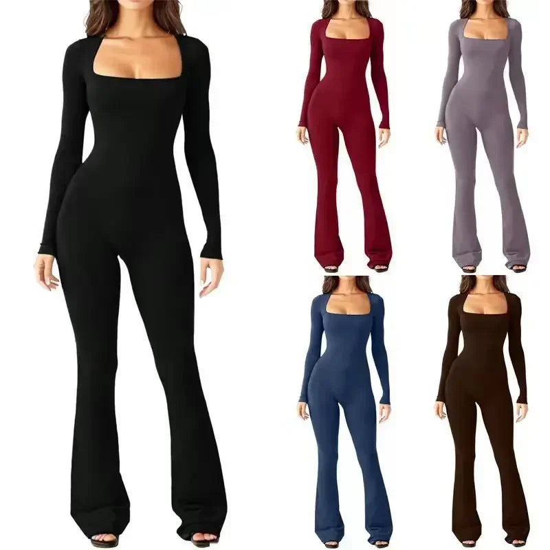 Womens Yoga Jumpsuit Long Sleeve Belly Tie Waist Hip