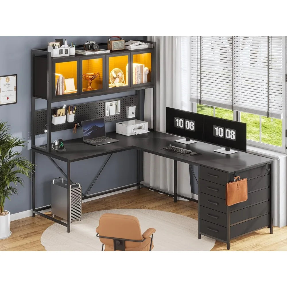 L Shaped Gaming Desk With Drawers Hutch Storage Shelves LedIlluminationSystemPro