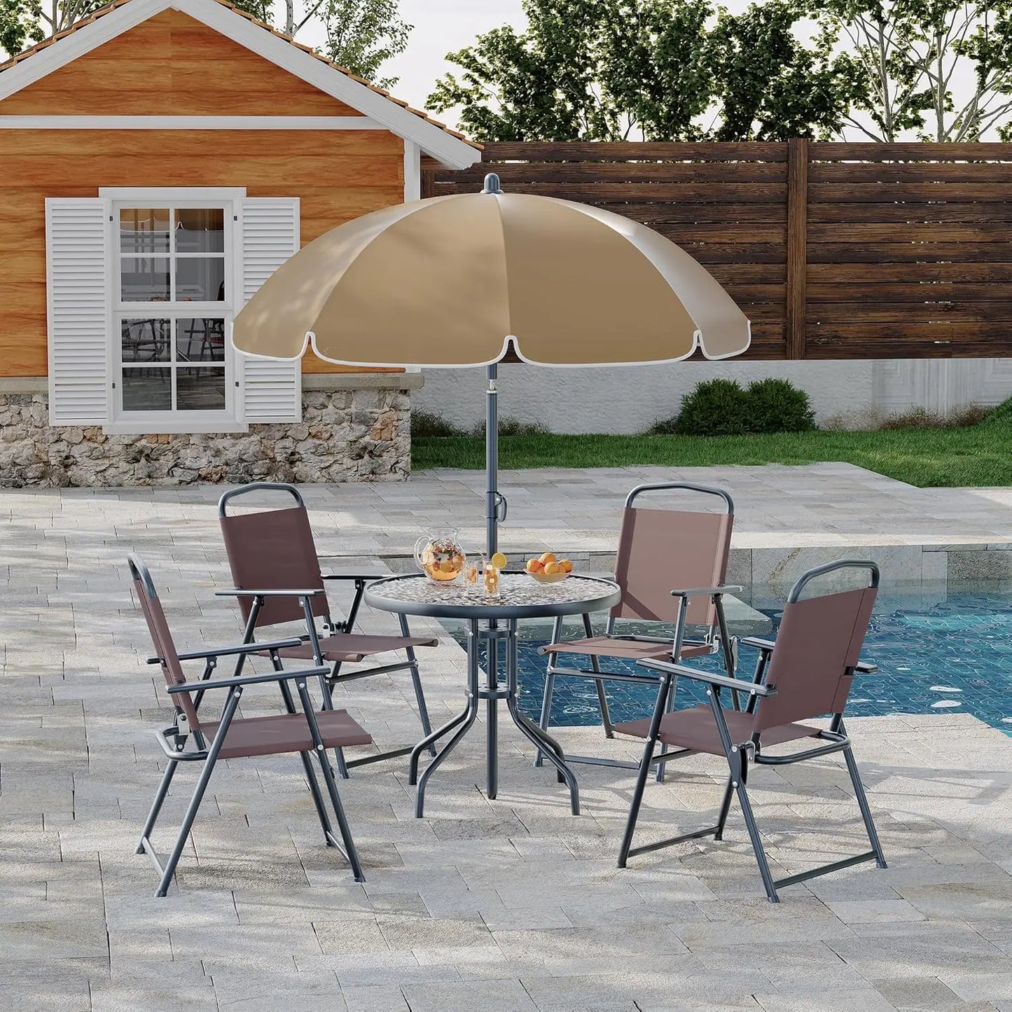 HobbyLane 6 Piece Patio Dining Set For 4 With Umbrella And Round Glass Table