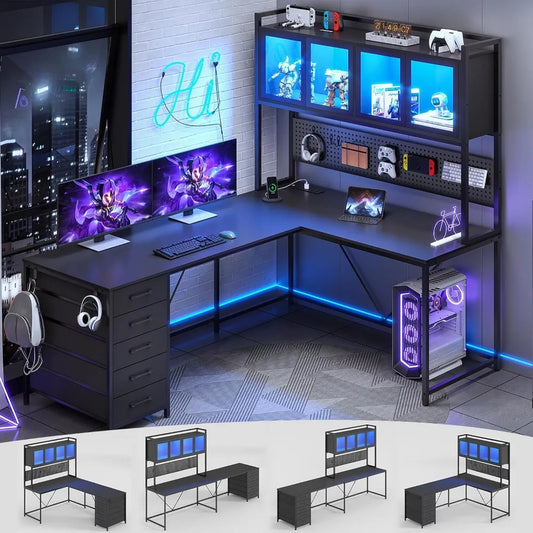 L Shaped Gaming Desk With Drawers Hutch Storage Shelves LedIlluminationSystemPro