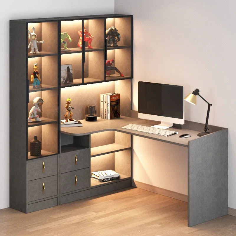 L-Shaped Corner Computer Desk With Integrated Bookshelf And Contemporary Workspace