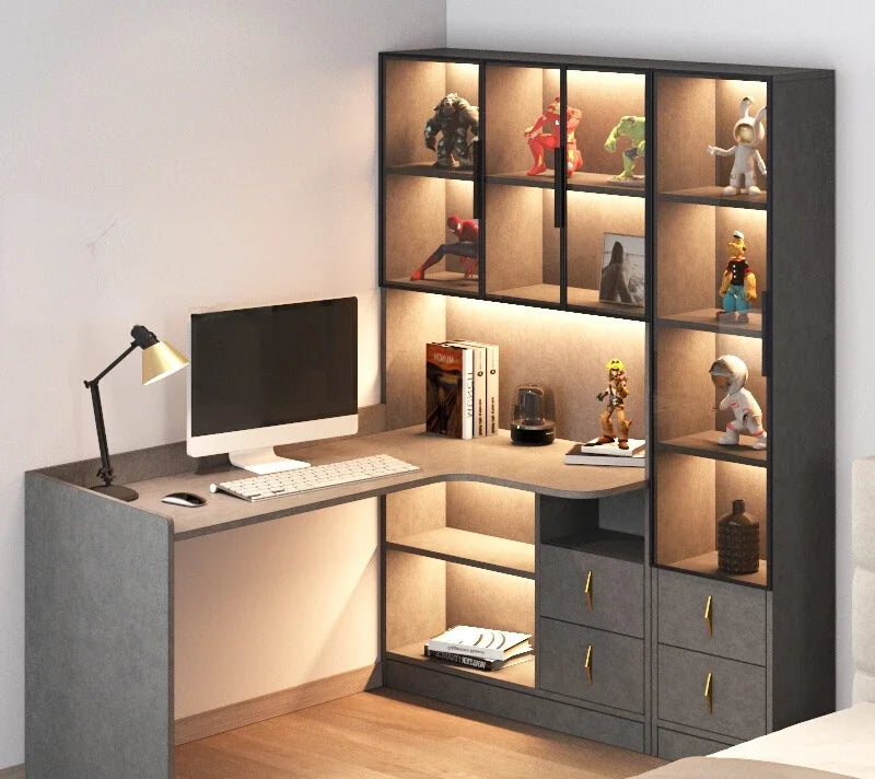 L-Shaped Corner Computer Desk With Integrated Bookshelf And Contemporary Workspace