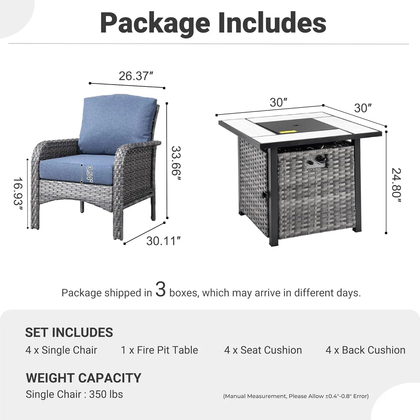 Folded Outdoor Fire Pit Patio Set With Weatherproof Rattan ErgonomicChairsWithPaddedCushions