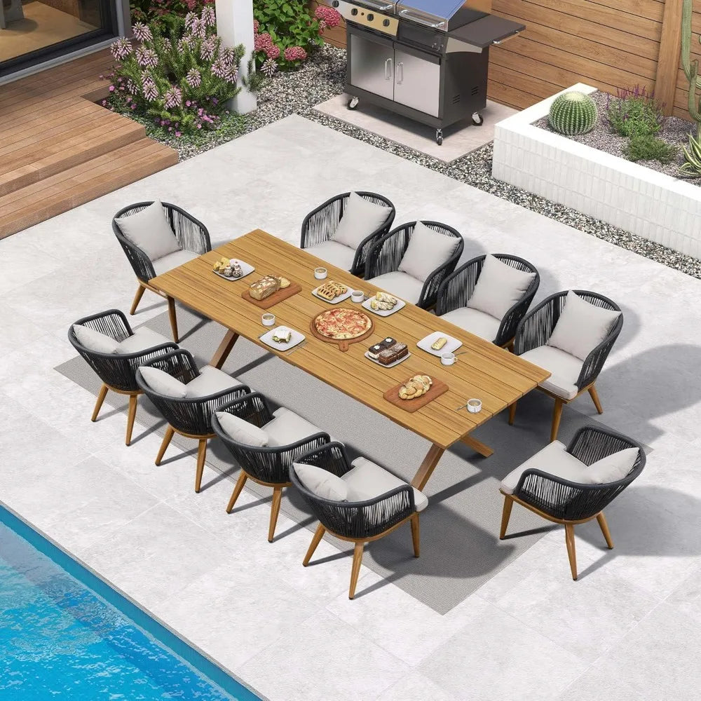 DAFIFY 11 Piece OutdoorDining Set Wicker AluminumFrame TeakFinish TableAndChairs