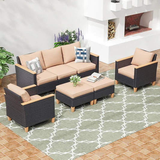 ZHUXIANG OutdoorLiving 7 Piece Patio Conversation Set Cushions Weatherproofing Wicker