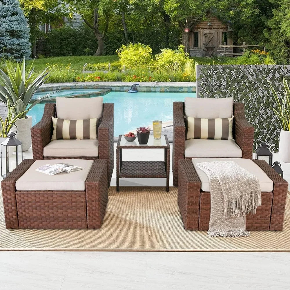 5 Piece Patio Conversation Set Outdoor Wicker With Ottoman Footrest