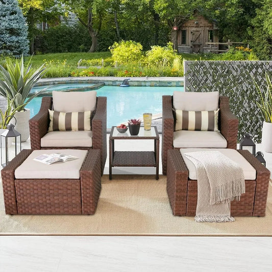 5 Piece Patio Conversation Set Outdoor Wicker With Ottoman Footrest