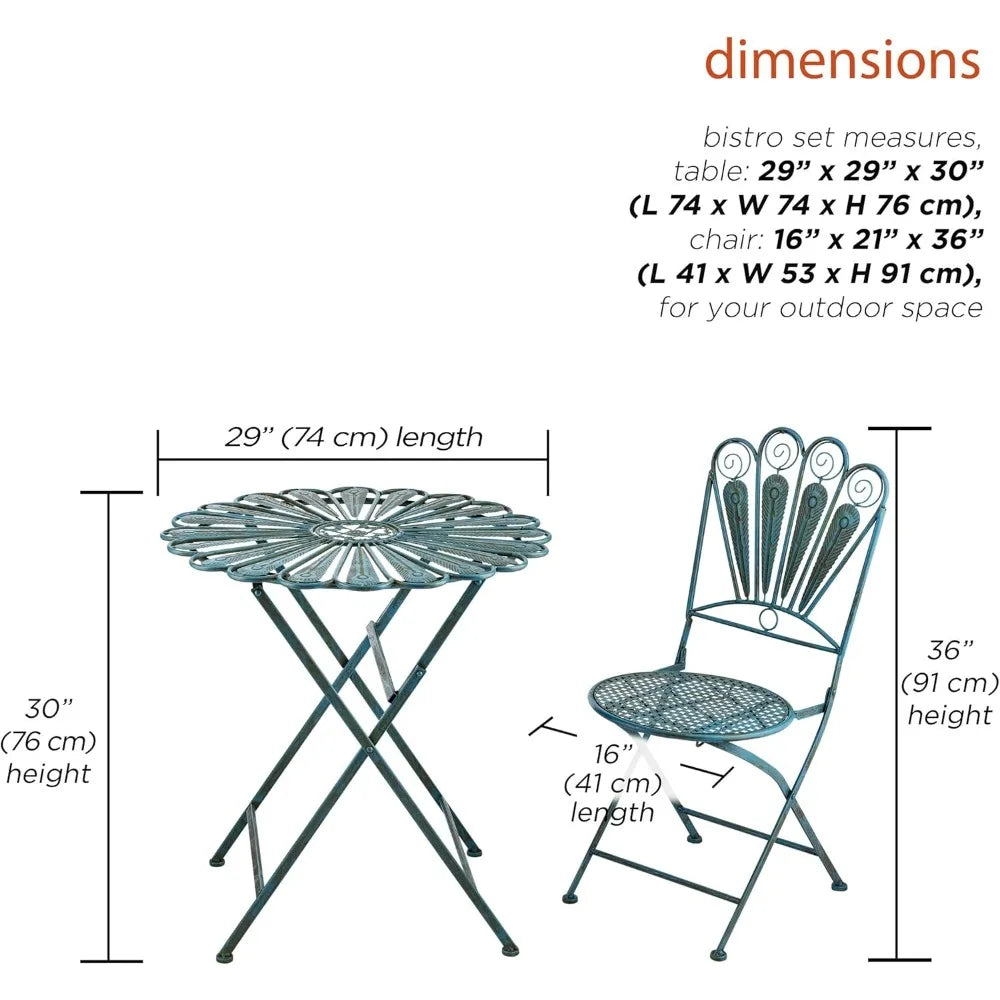 XMSJ 3Piece Peacock Feather Design WeatherResistant Metal IndoorOutdoor Bistro Set