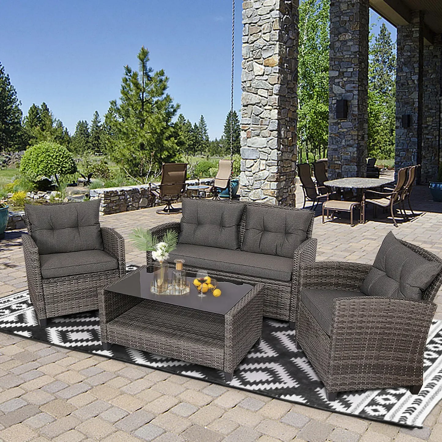 Rattan Patio Conversation Set Cushioned Outdoor Furniture 4 Piece CollectionPlus