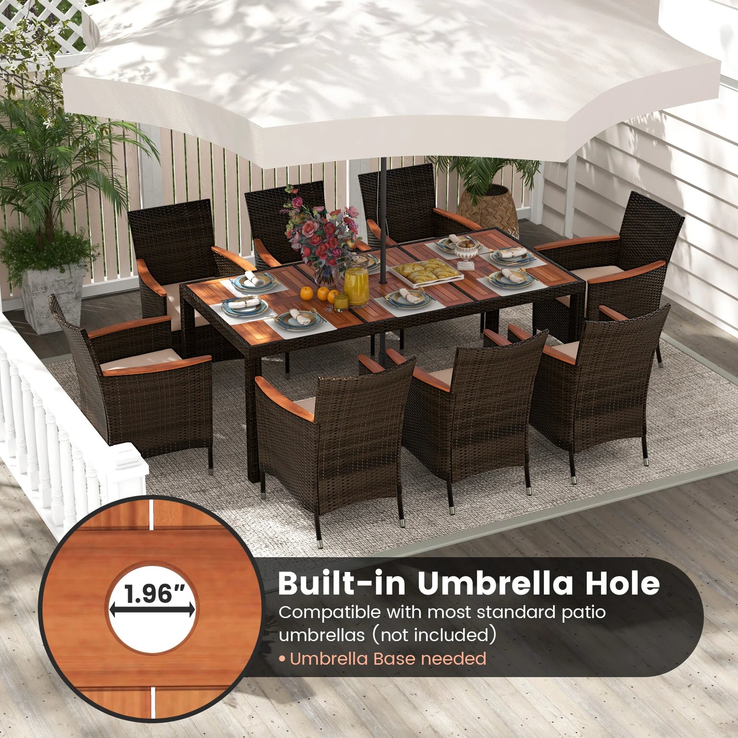 HOMASIS 9Piece WeatherresistantWickerOutdoor DiningSet With AcaciaWood TableUmbrella Cushions Patio