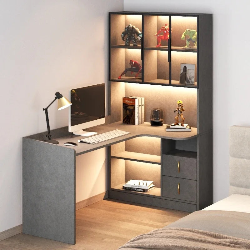 L-Shaped Corner Computer Desk With Integrated Bookshelf And Contemporary Workspace