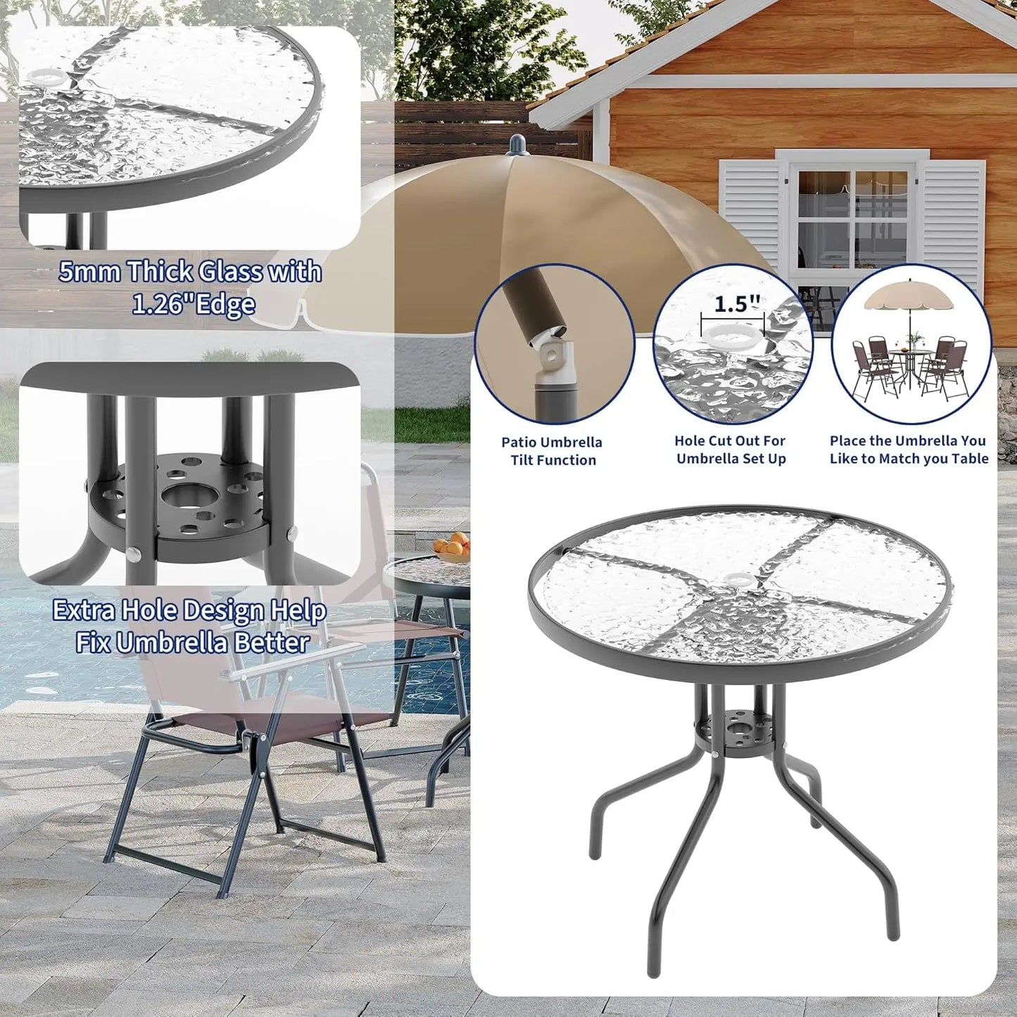 HobbyLane 6 Piece Patio Dining Set For 4 With Umbrella And Round Glass Table