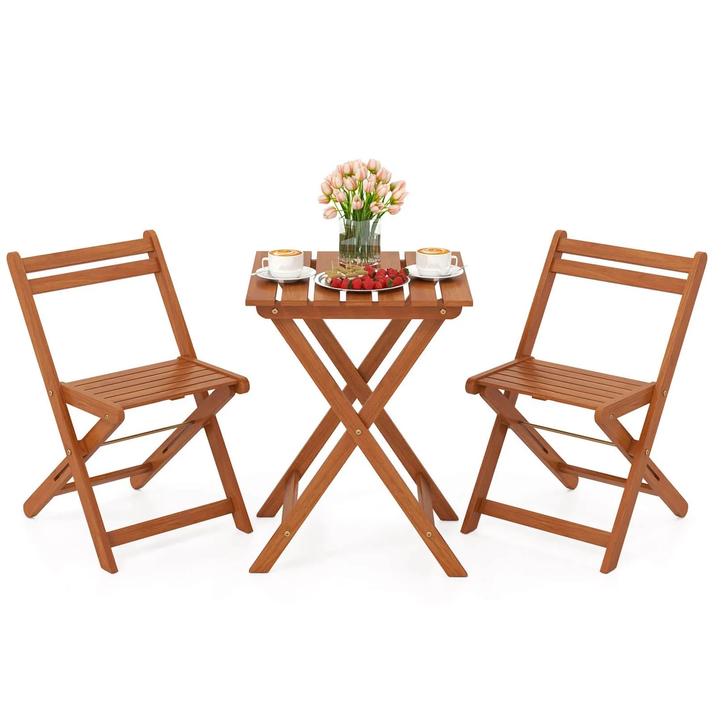 Outdoor Wood Bistro Set With Folding Chairs And Table