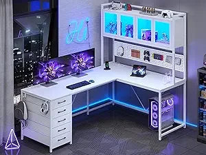 L Shaped Gaming Desk With Drawers Hutch Storage Shelves LedIlluminationSystemPro