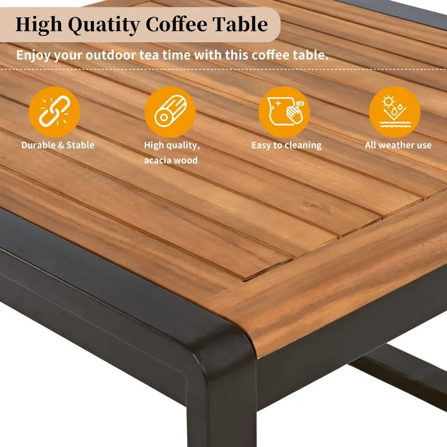 Hign-concerned 4 Piece Outdoor Patio Conversation Set With Metal And Wood Frame L Shaped Sofa And Coffee Table