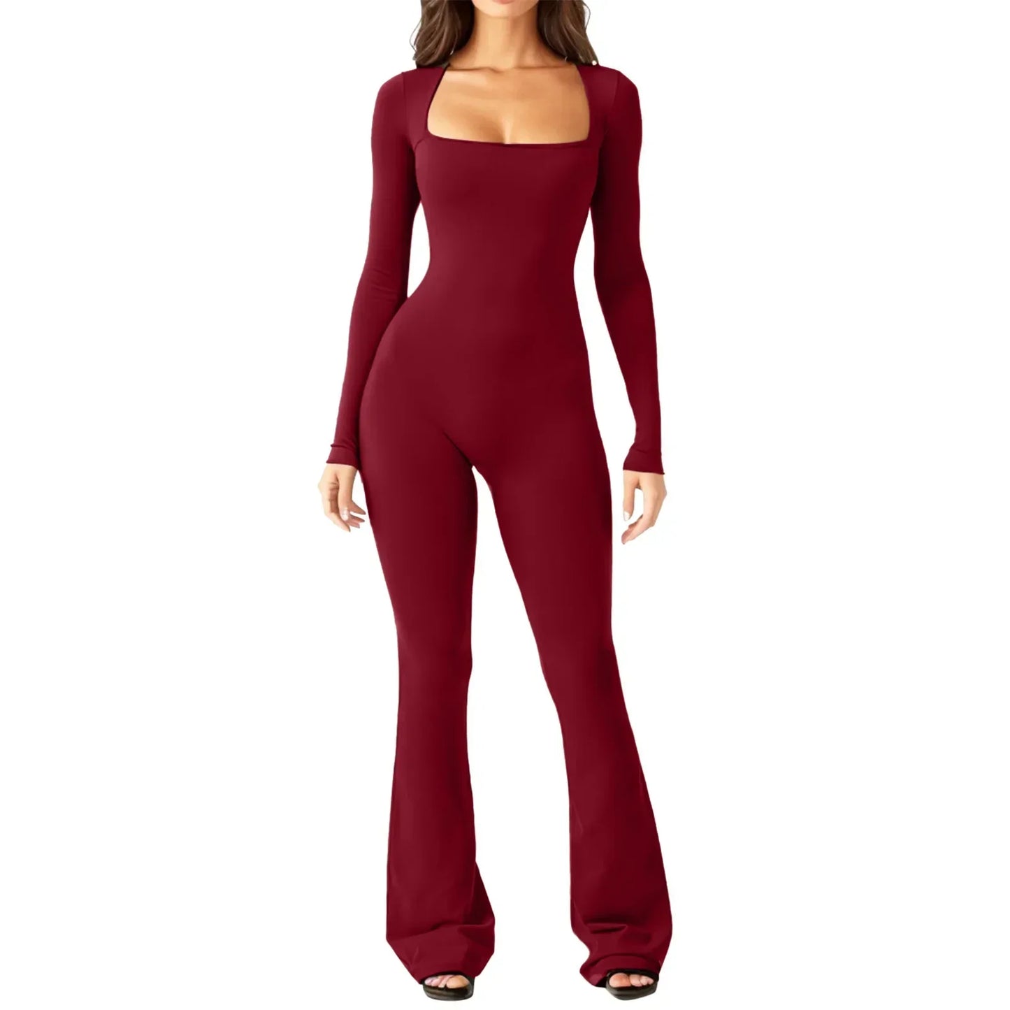 Womens Yoga Jumpsuit Long Sleeve Belly Tie Waist Hip