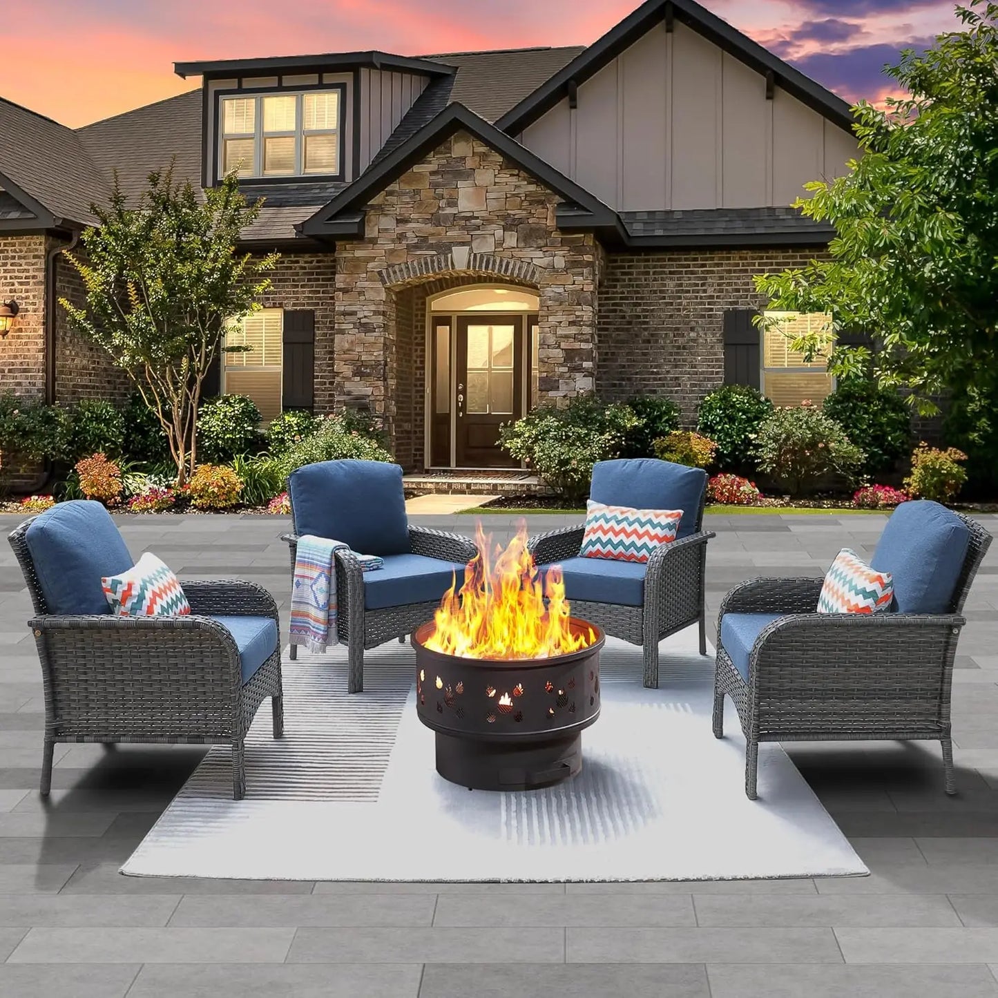 Folded Outdoor Fire Pit Patio Set With Weatherproof Rattan ErgonomicChairsWithPaddedCushions