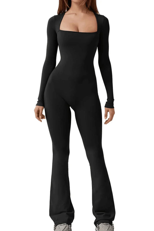 Womens Yoga Jumpsuit Long Sleeve Belly Tie Waist Hip