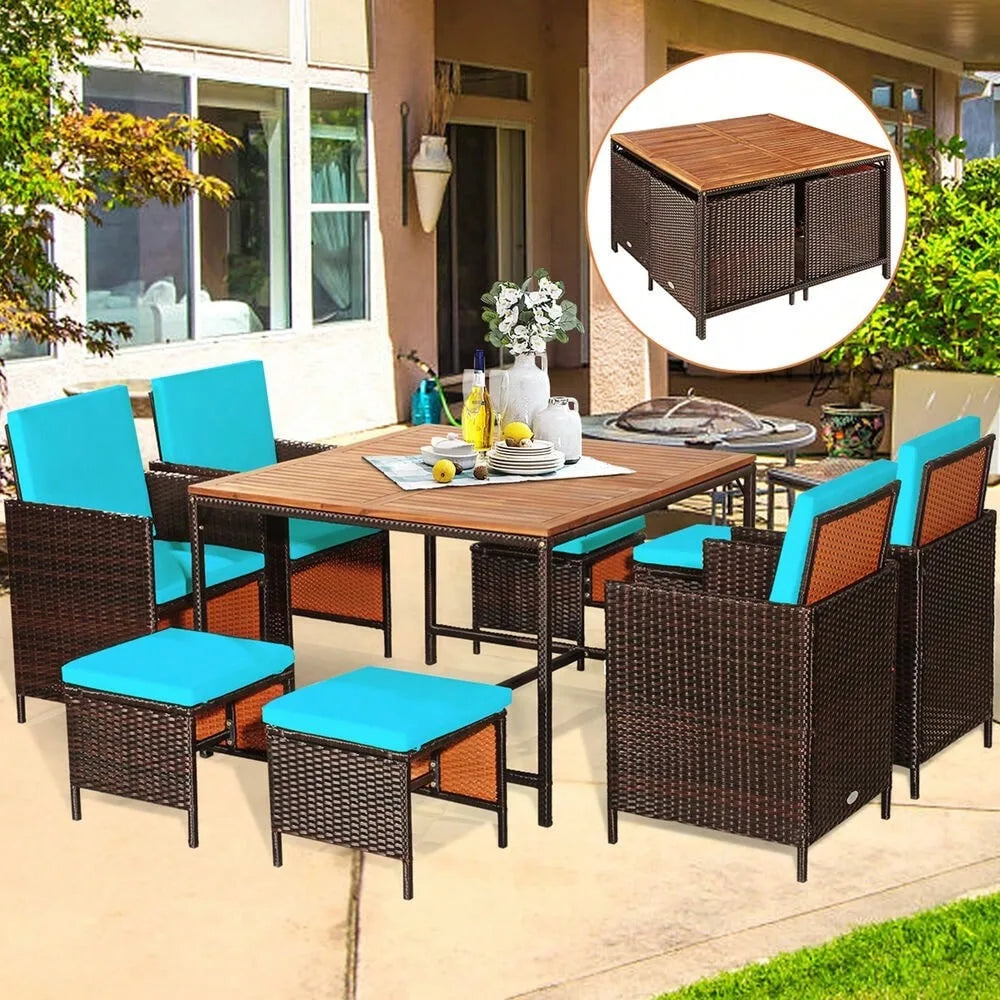 9 Piece Rattan Wicker Patio Dining Set Outdoor Furniture With Cushions Weather Resistant