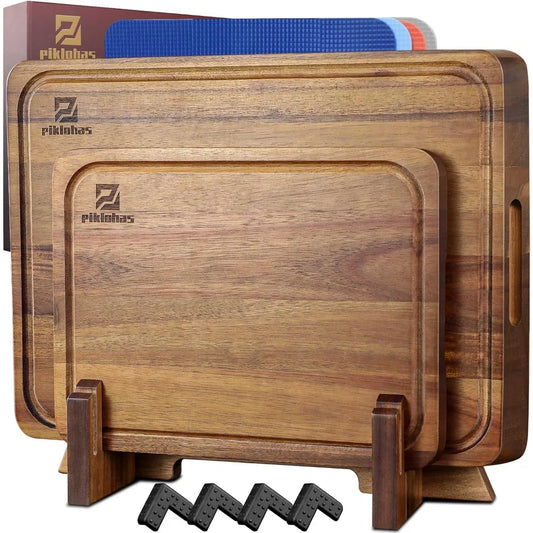 Acacia Wood Cutting Boards Set Of 7 With Holder Non Slip Feet Charcuterie Boards
