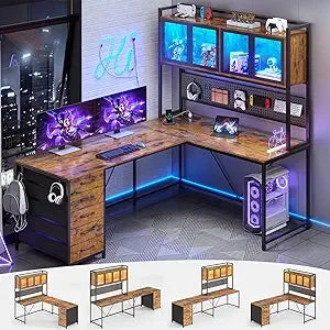 L Shaped Gaming Desk With Drawers Hutch Storage Shelves LedIlluminationSystemPro